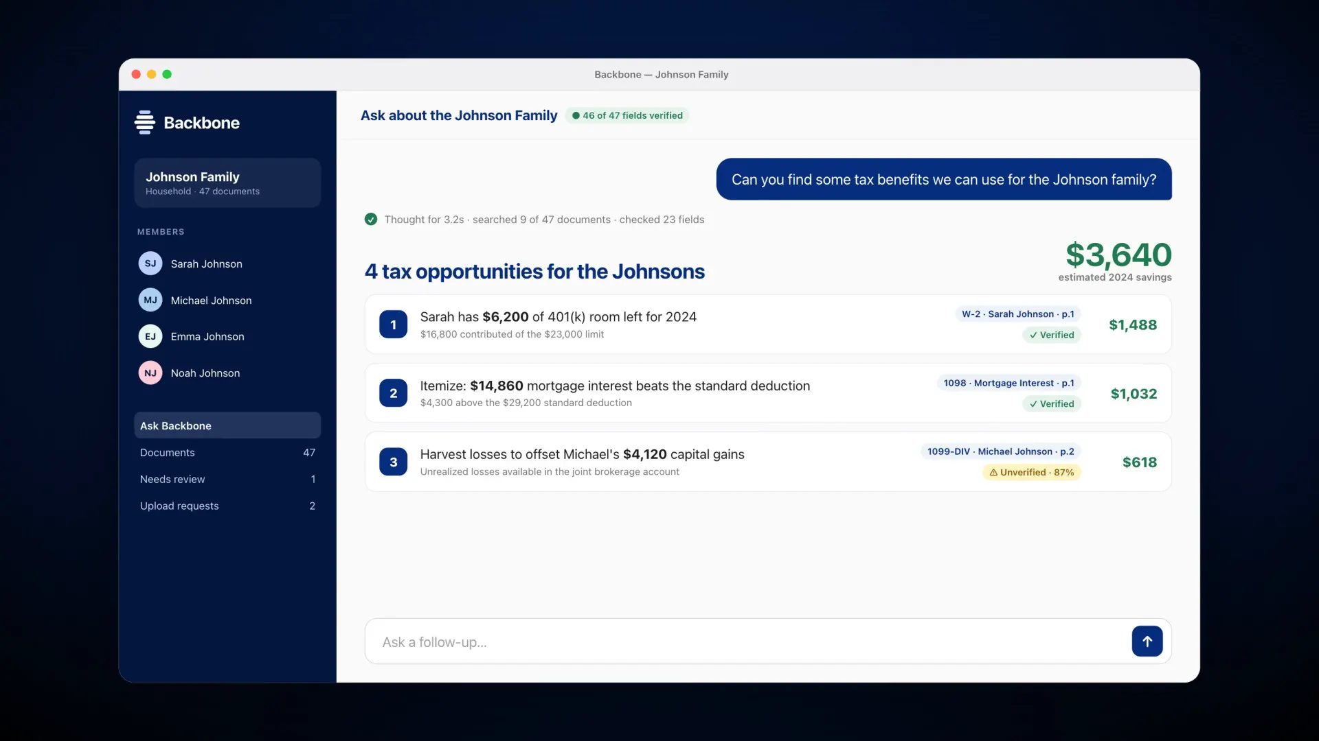 Backbone app answering a tax question for the Johnson family with four opportunities worth $3,640