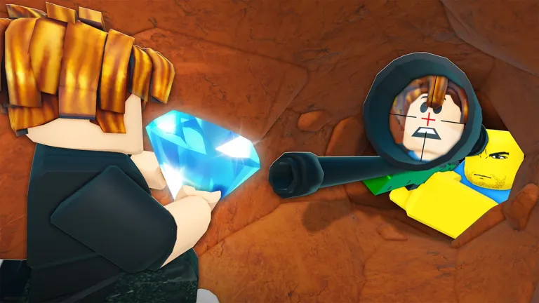 Dig and Shoot artwork of a player holding a gem next to a player with a sniper scope
